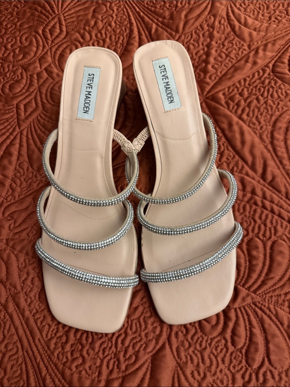 Steve Madden Blush Pink Rhinestone Triple-Strap Slide Heels